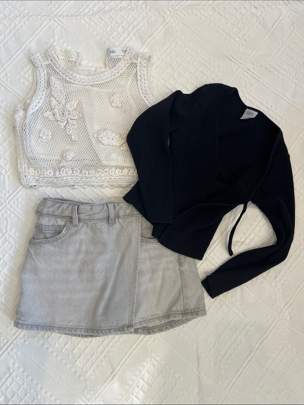 Like new 3 pieces ZARA Denim Skort, Black Ribbed Wrap, and Sexy Top
